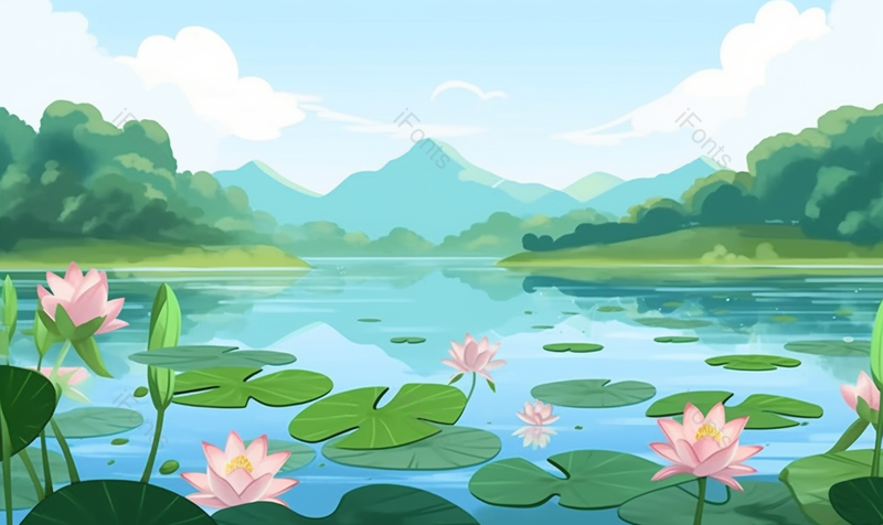 僻静绿色的盛夏池塘里的荷叶和盛开的荷花背景,插画/手绘图,插画/手绘图库,插画/手绘图下载,插画/手绘